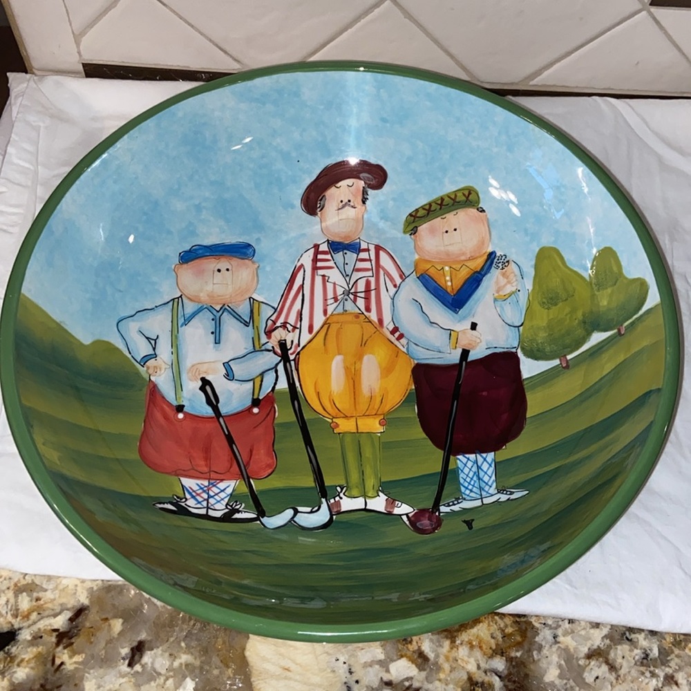 RARE Tracy Flickinger Large Round Serving Pasta 🍝 Bowl golfers